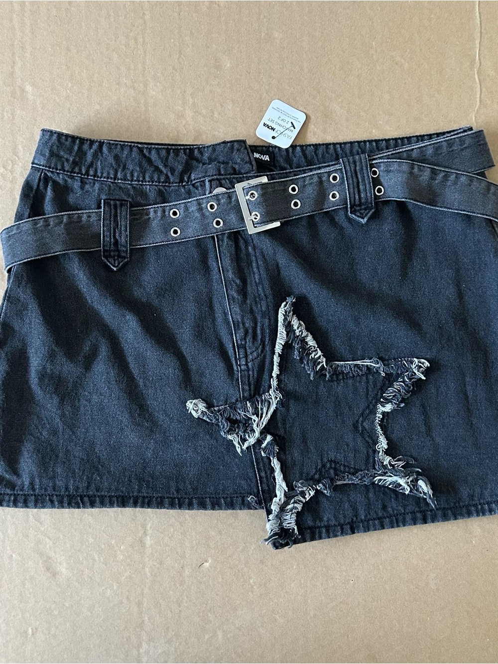 Fashion Nova Denim Star Mini Skirt XL Black Asymmetrical Hem Grunge Punk Gothic
